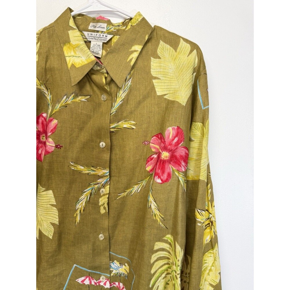 VTG John Paul Richard Top Women Button Shirt 100% Linen Hawaiian Shirt Beaded L - Picture 2 of 14